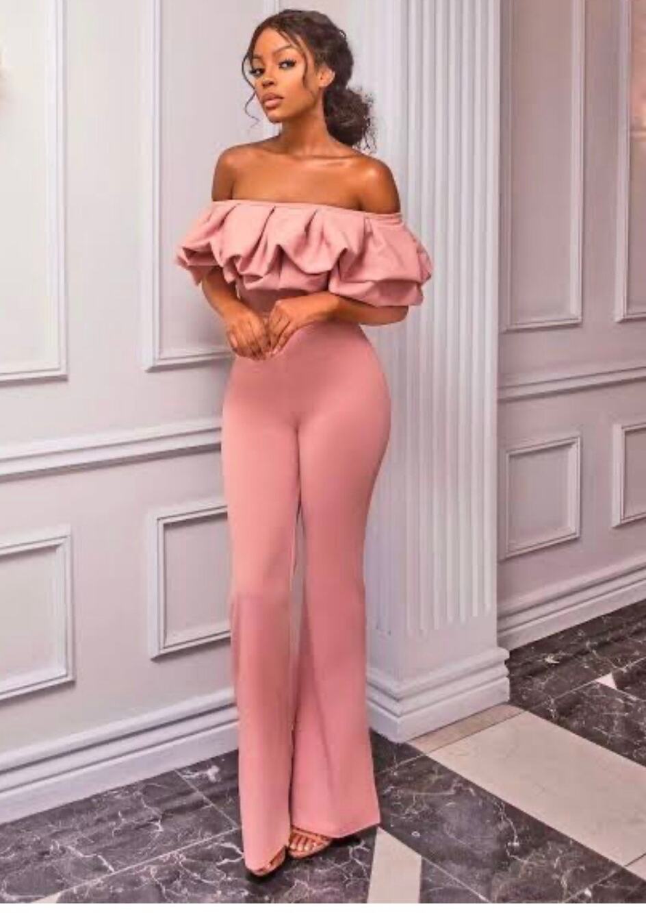 Club L London Blush Extreme Ruffle Bardot Crepe Jumpsuit Pink NWT US 6 UK Made